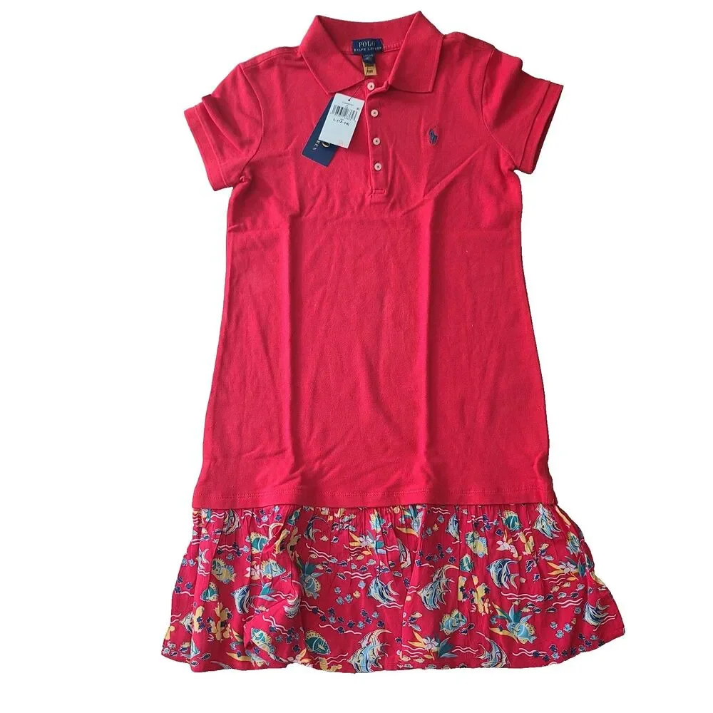 Polo Ralph Lauren Girl Polo Pony Stretch Mesh Red Dress Tropical Sz L 12-14 New